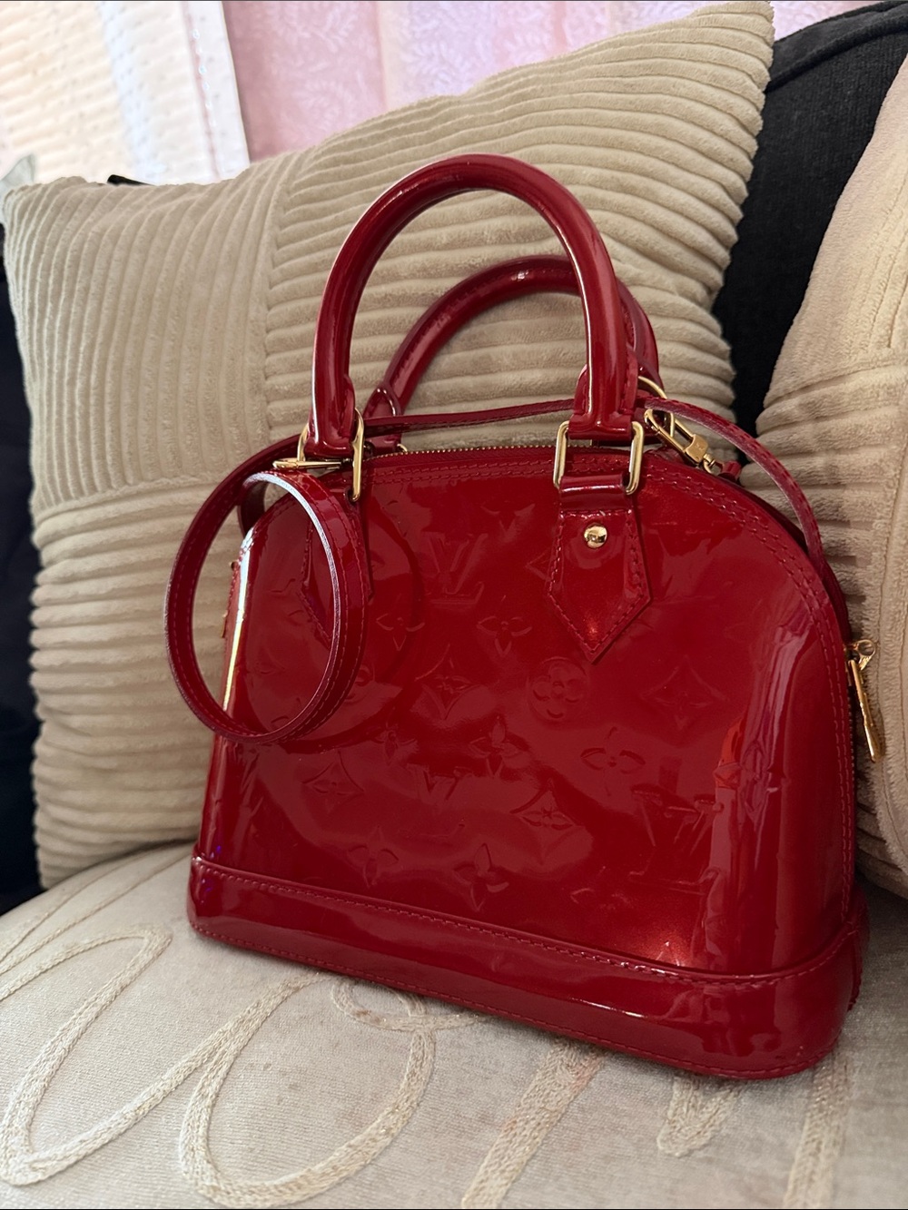 Red Patent Dome Satchel with Gold Hardware